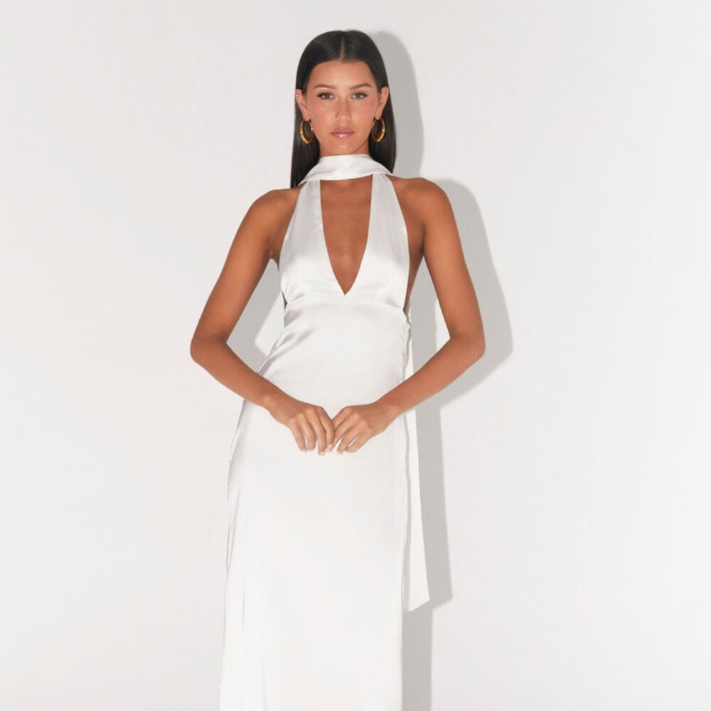 Alicia Satin Halter Maxi Dress - White